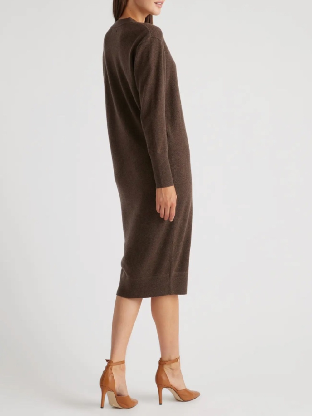 Quince Brown Mongolian Cashmere V-Neck Midi Sweater Dress Medium - Picture 2 of 16